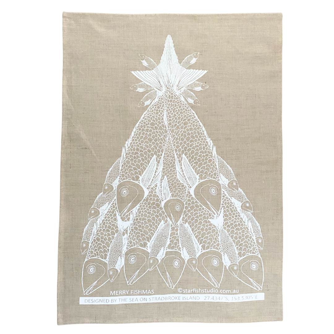 Pure Linen Tea Towel, Merry Fishmas - White on Natural Flax