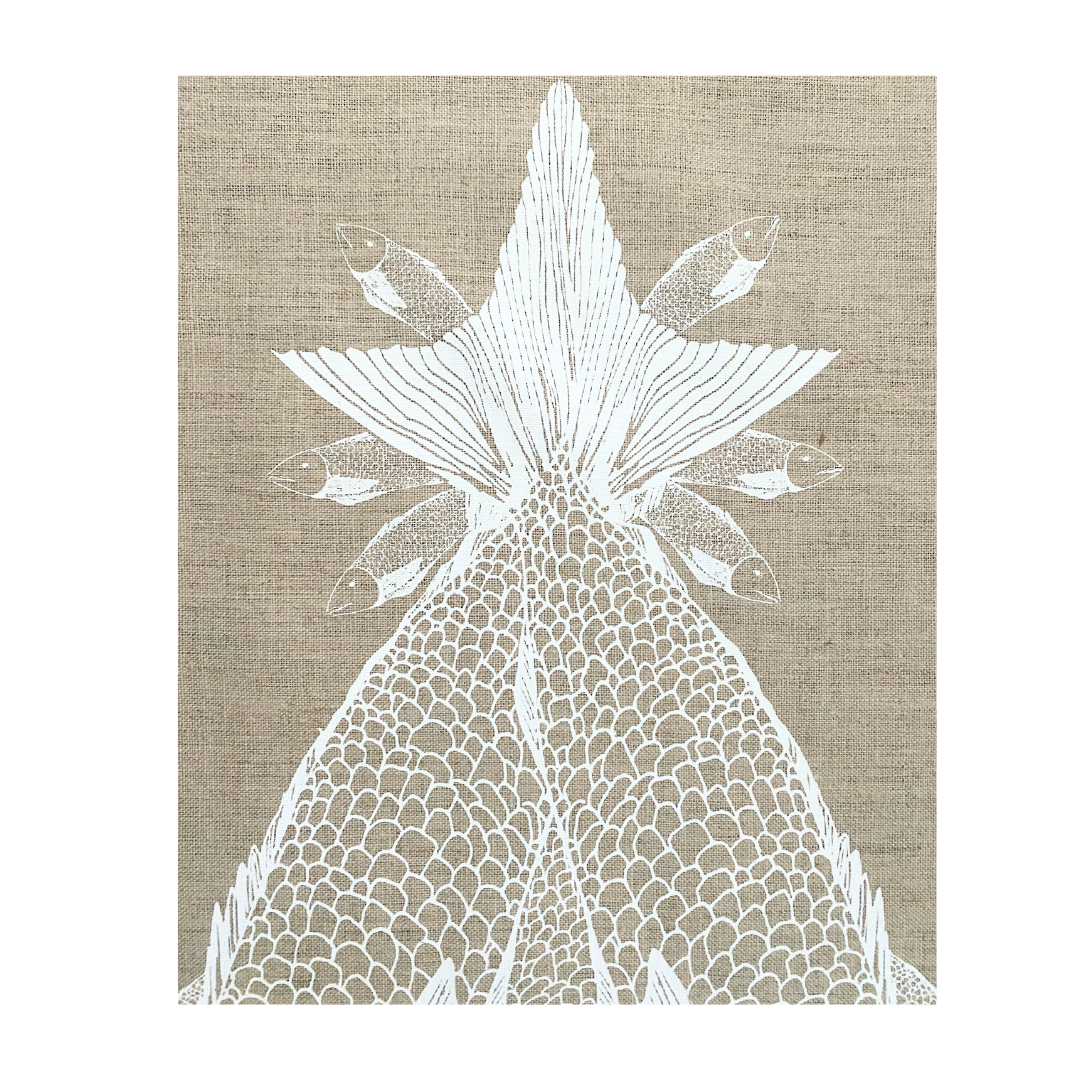 Pure Linen Tea Towel, Merry Fishmas - White on Natural Flax