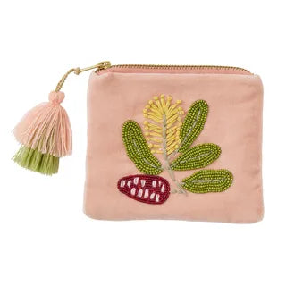 Pink velvet Banksia pouch with hand-embroidered and beaded floral motif, cotton tassel details.
