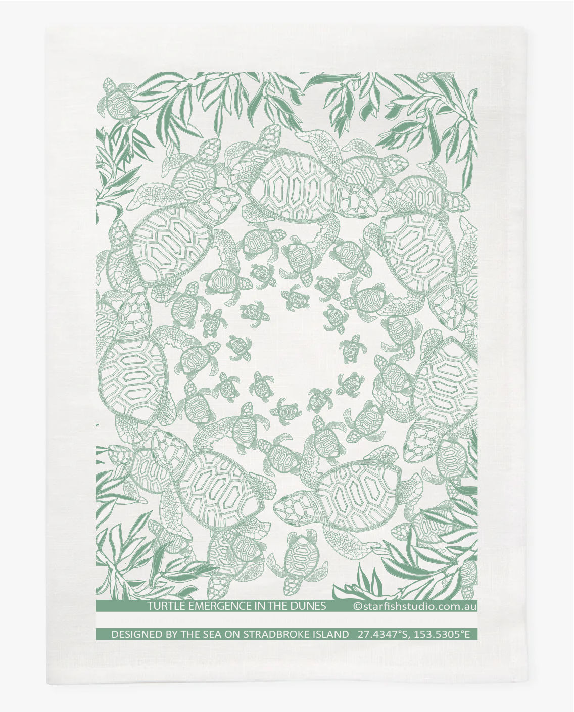 Turtle Hatchlings Linen Tea Towel – Green Print by Jess Scott