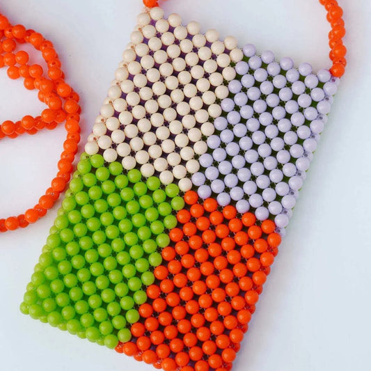 Beaded Phone bag - GREEN + LILAC + ORANGE