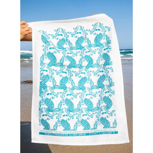 Pure Linen Tea Towel, Mermaids, Blue. Hand Printed Design by Artist Jess Scott, Starfish Studio.
