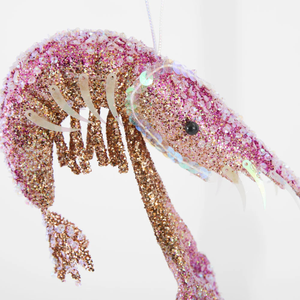 Pink glitter prawn Christmas decoration from another angle