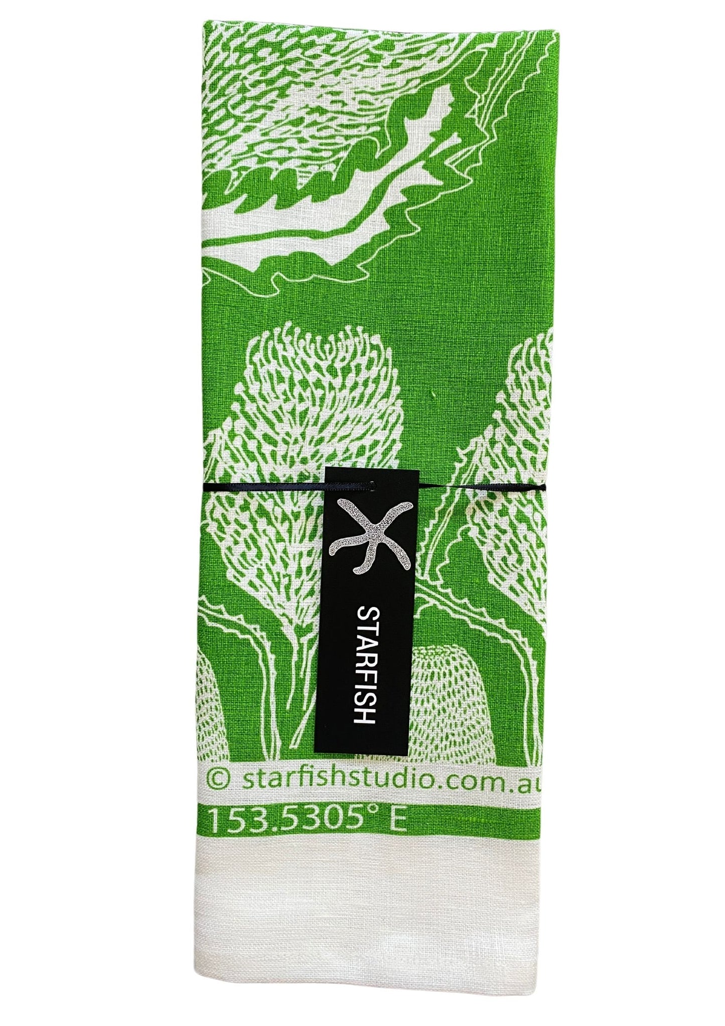Banksia Linen Tea Towel – Green Botanical Print by Jess Scott