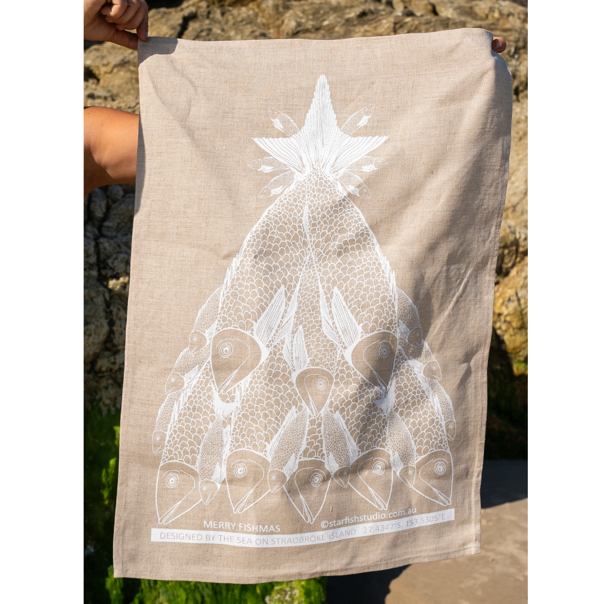 Pure Linen Tea Towel, Merry Fishmas -  White on Natural Flax