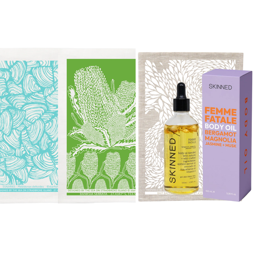 3 Tea Towels +  Skinned  Body Oil Bundle SAVE 10%