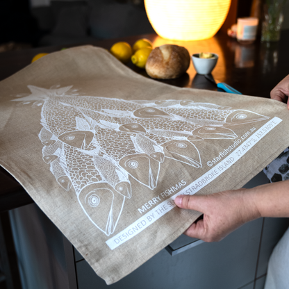 Pure Linen Tea Towel, Merry Fishmas -  White on Natural Flax