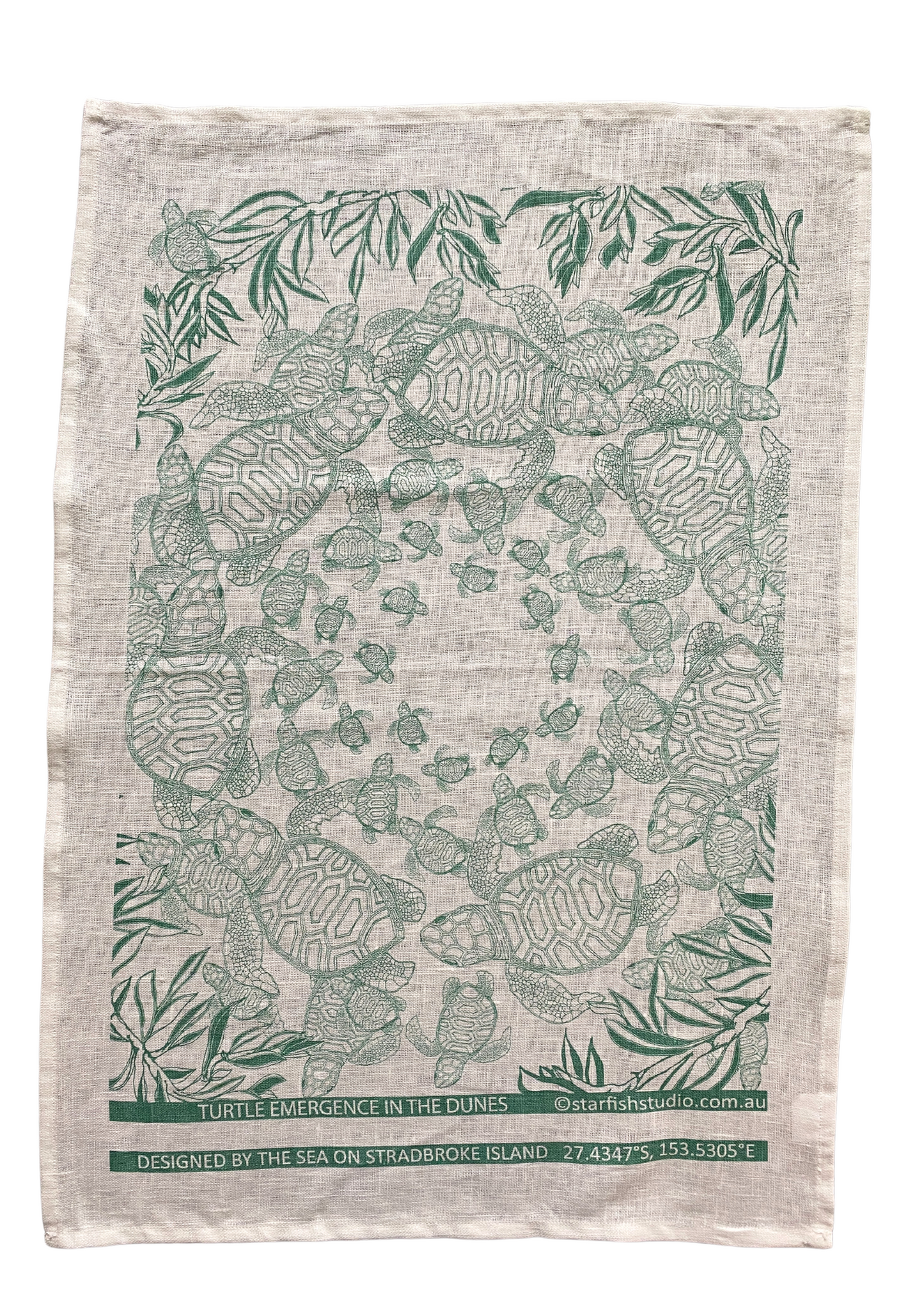 Pure Linen Tea Towel, Turtle Hatchlings, green