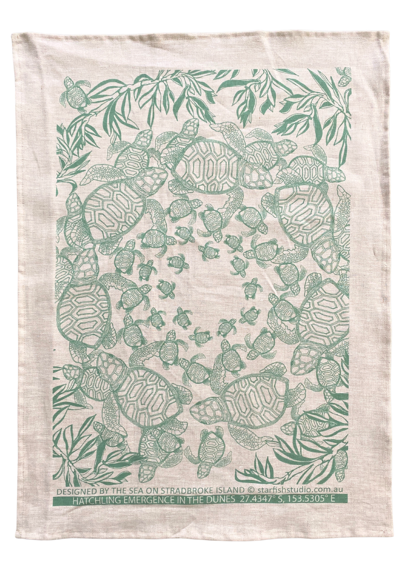 Pure Linen Tea Towel, Turtle Hatchlings, green