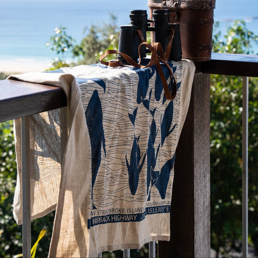 Pure Linen Tea Towel, Humpbacks, Blue on Flax
