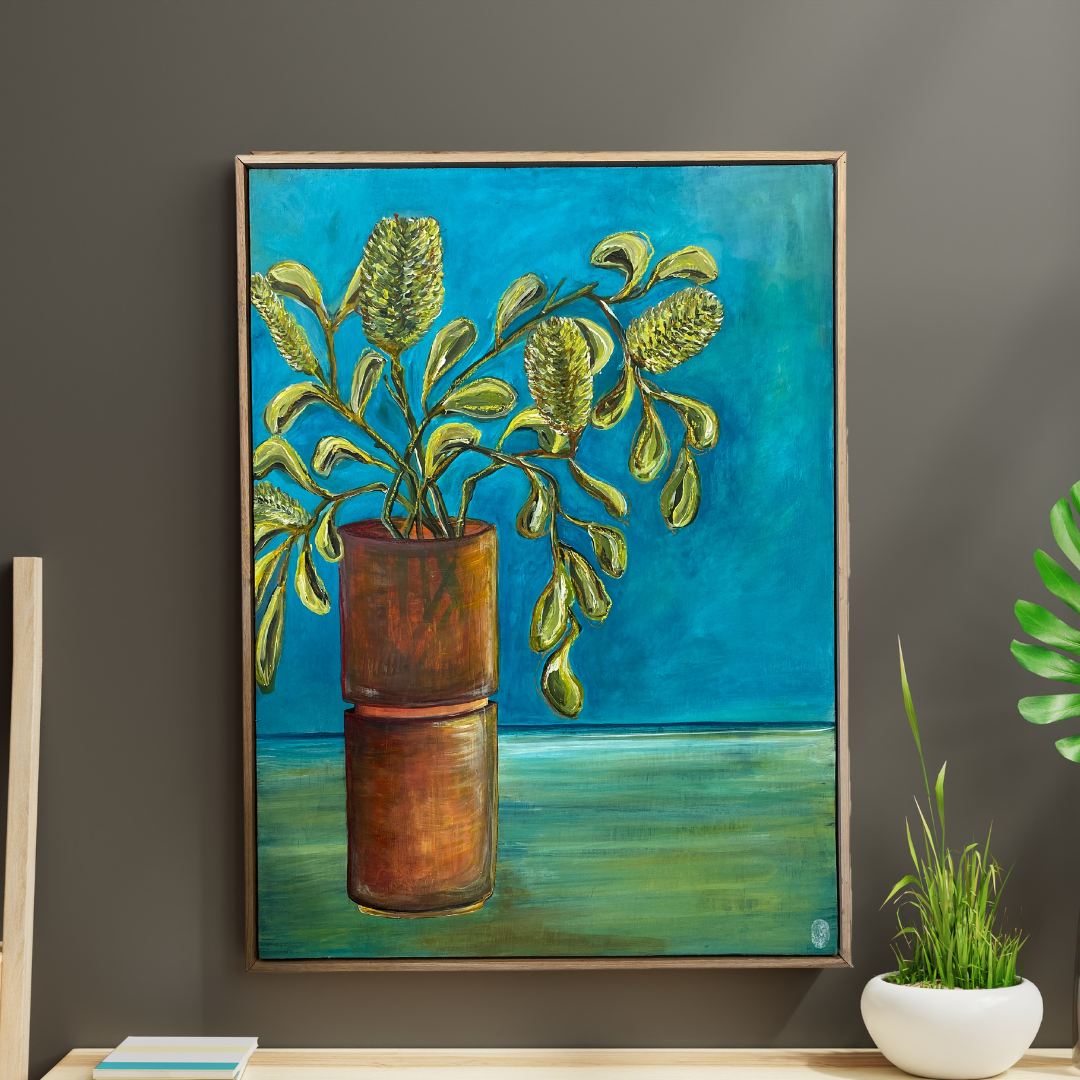 "Banksias in an Orange Vase"  - Jess Scott