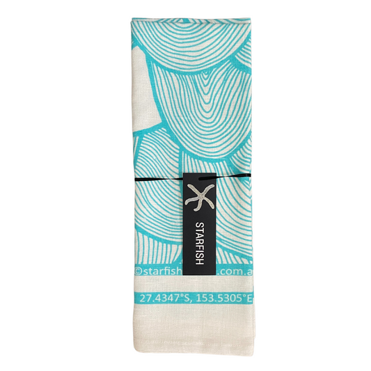 Pure Linen Tea Towel, Minjerribah Mermaid Scales, aqua