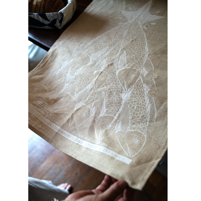 Pure Linen Tea Towel, Merry Fishmas -  White on Natural Flax