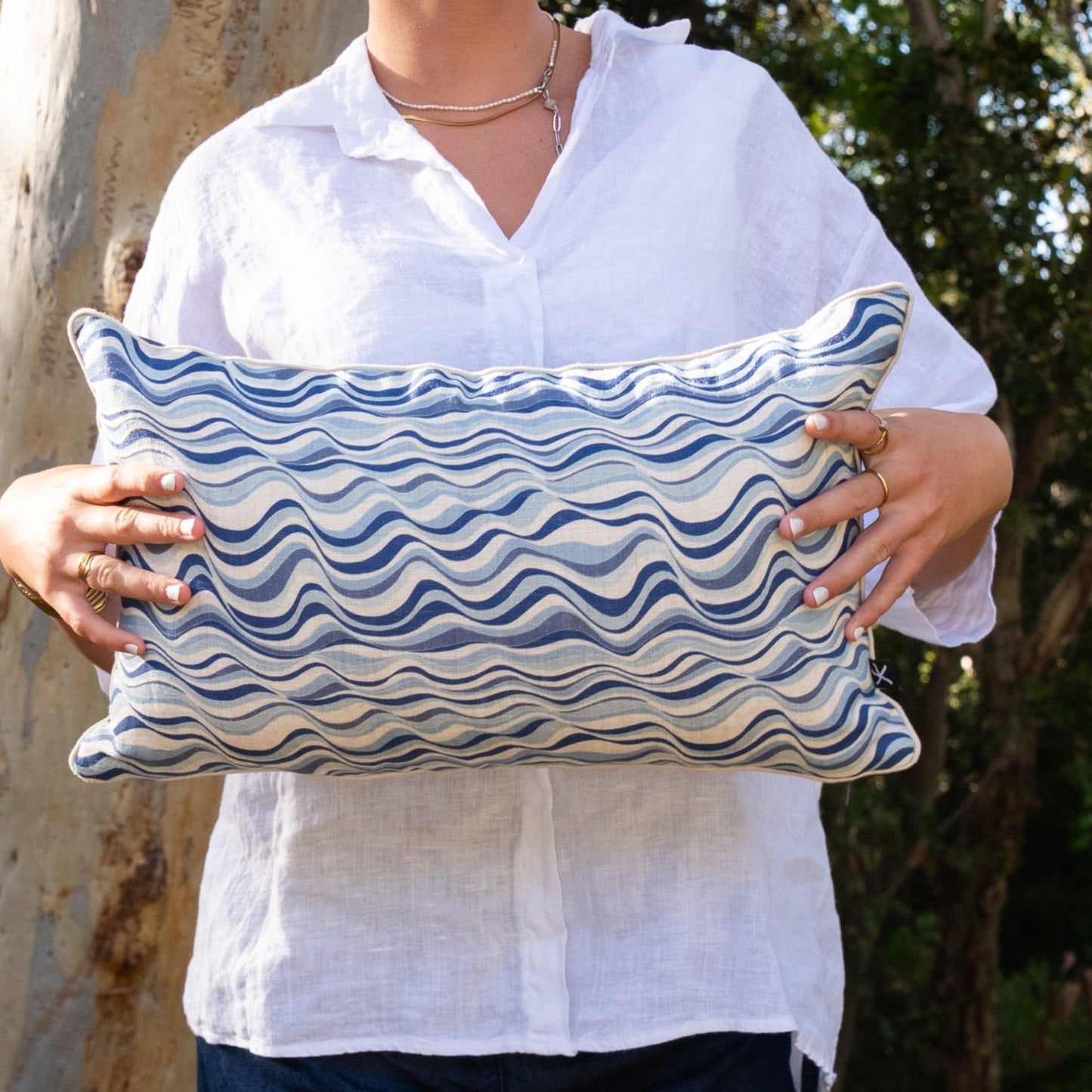 Linen Cushion Cover - Pacific - Straddie Stripe