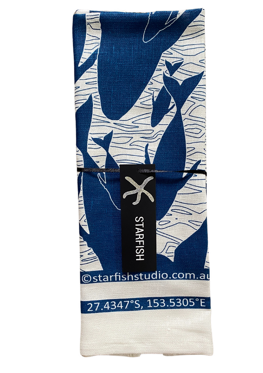 Humpbacks Linen Tea Towel – Blue Ocean Print by Jess Scott