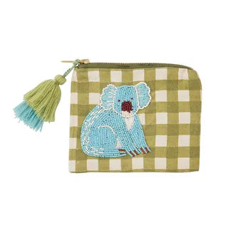 Canvas zip pouch featuring a beaded koala and soft cotton tassels
