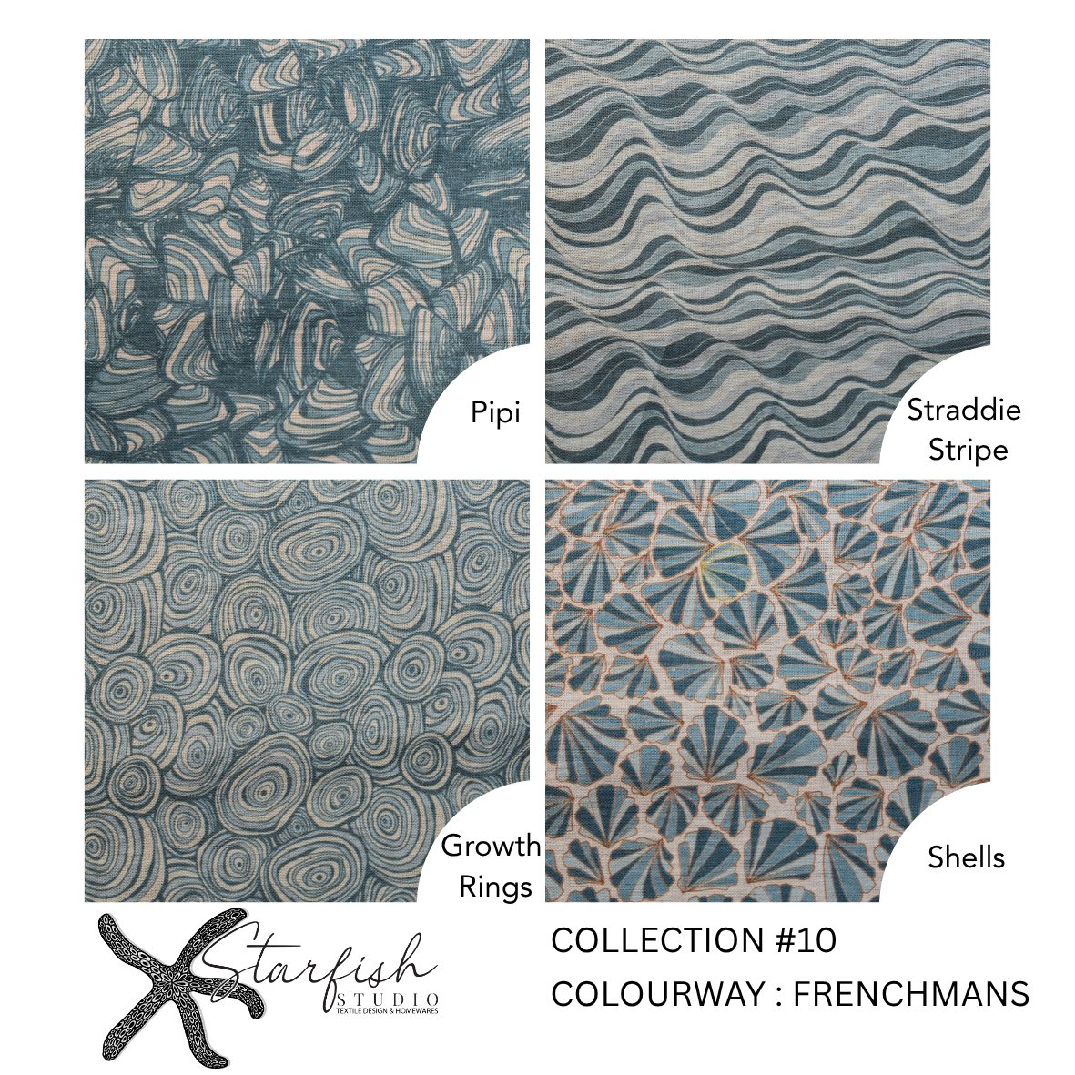Frenchmans colourway linen fabric swatches showing Pipi, Straddie Stripe, Growth Rings and Shells patterns