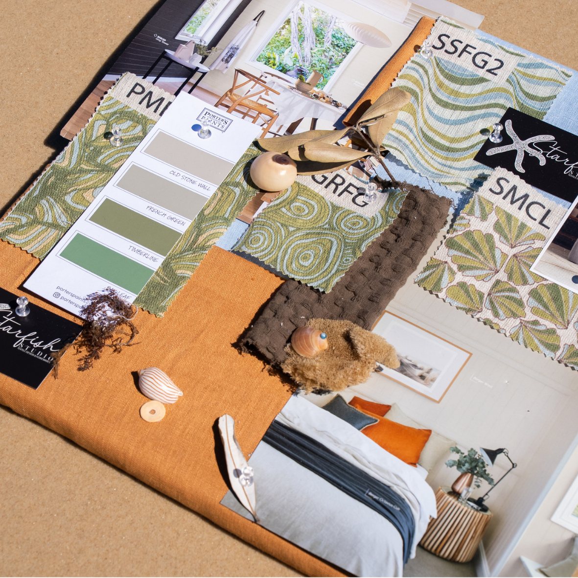 Cushion collection mood board with Growth Rings and coordinating green coastal fabrics