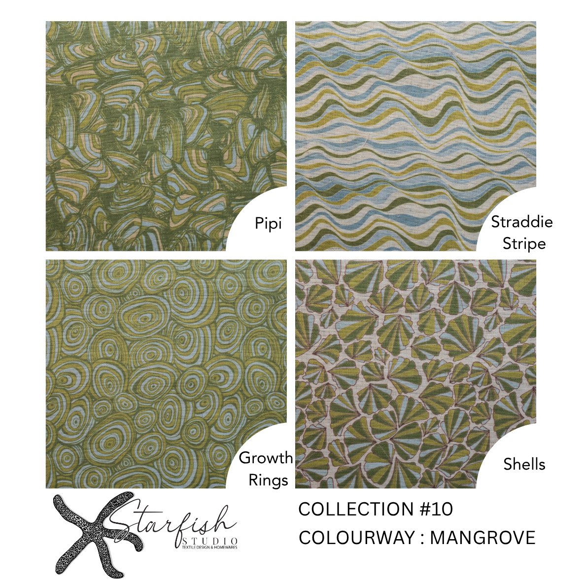 Colourway showing Pipi Straddie Stripe Growth Rings and Shells linen fabric designs