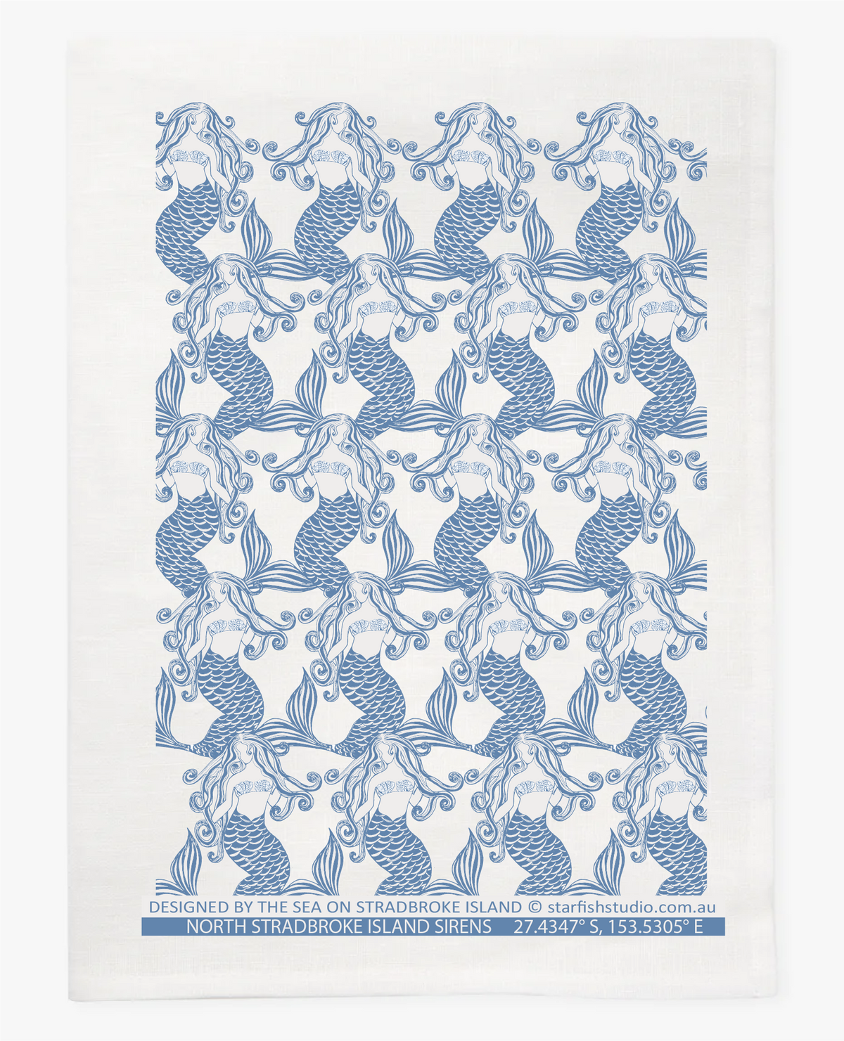 Pure Linen Tea Towel, Mermaids, Blue
