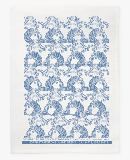 Pure Linen Tea Towel, Mermaids, Blue
