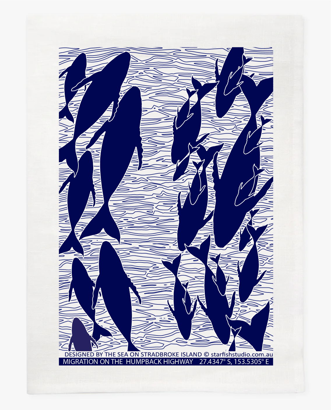 Pure Linen Tea Towel, Humpbacks, blue