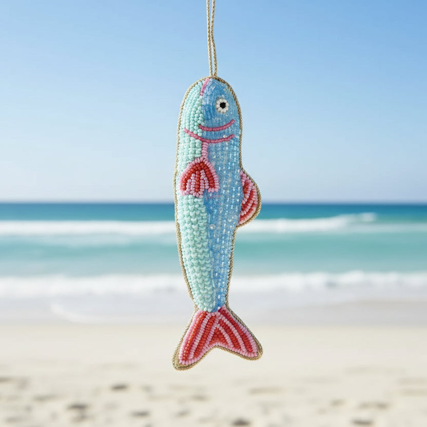 Blue and pink beaded fish Christmas ornament