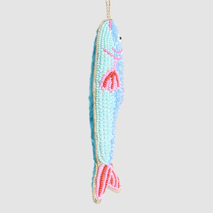 Blue and pink beaded fish Christmas ornament