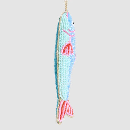 Blue and pink beaded fish Christmas ornament