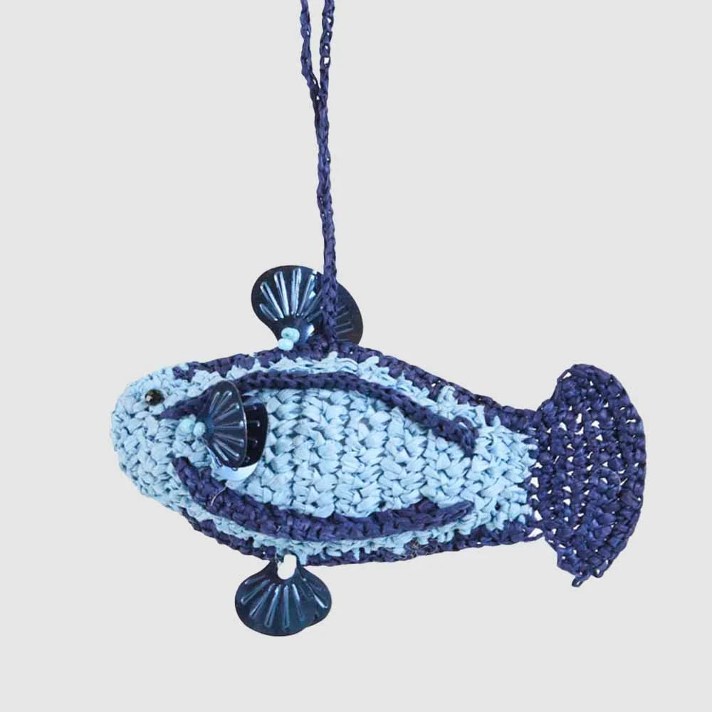 Blue crochet fish Christmas ornament