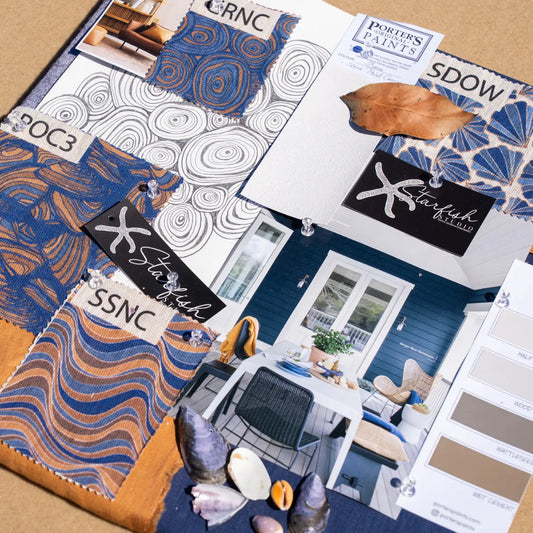 Colour swatch book with Starfish Studio cushion fabric samples, coastal colour palette and design inspiration