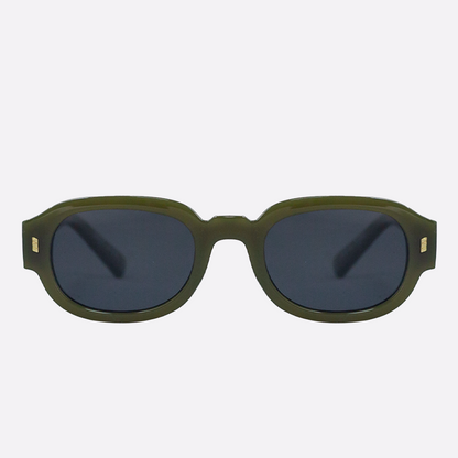 Green sunglasses with dark lenses on a white background