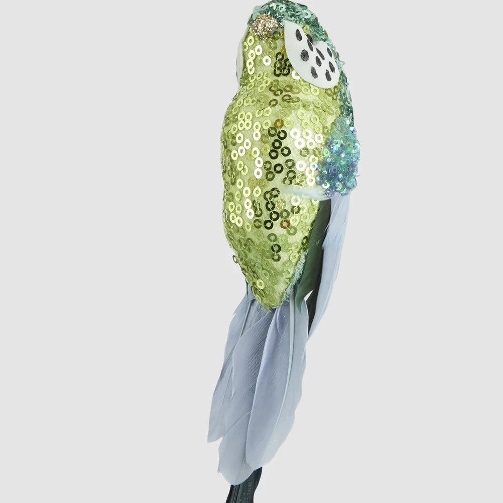 Close-up of the sequinned green budgie Christmas decoration