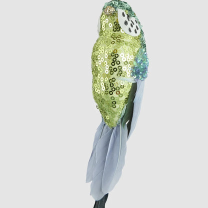 Close-up of the sequinned green budgie Christmas decoration
