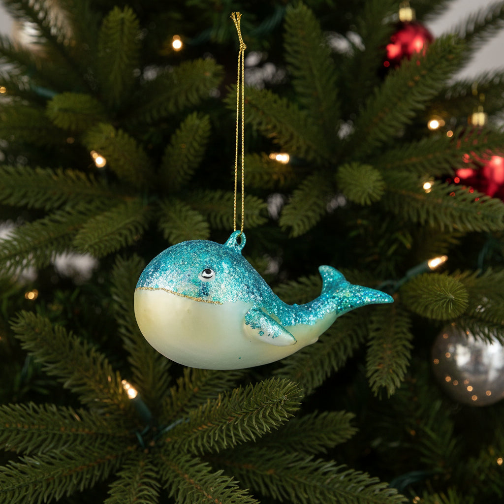 Glass whale Christmas ornament hanging on a Christmas tree.