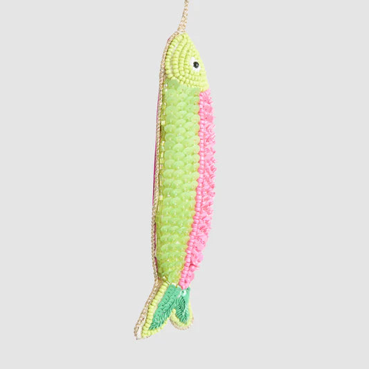 Green and pink beaded fish Christmas ornament