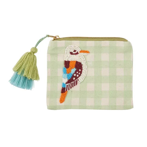 Canvas zip pouch featuring a beaded kookaburra and soft cotton tassels