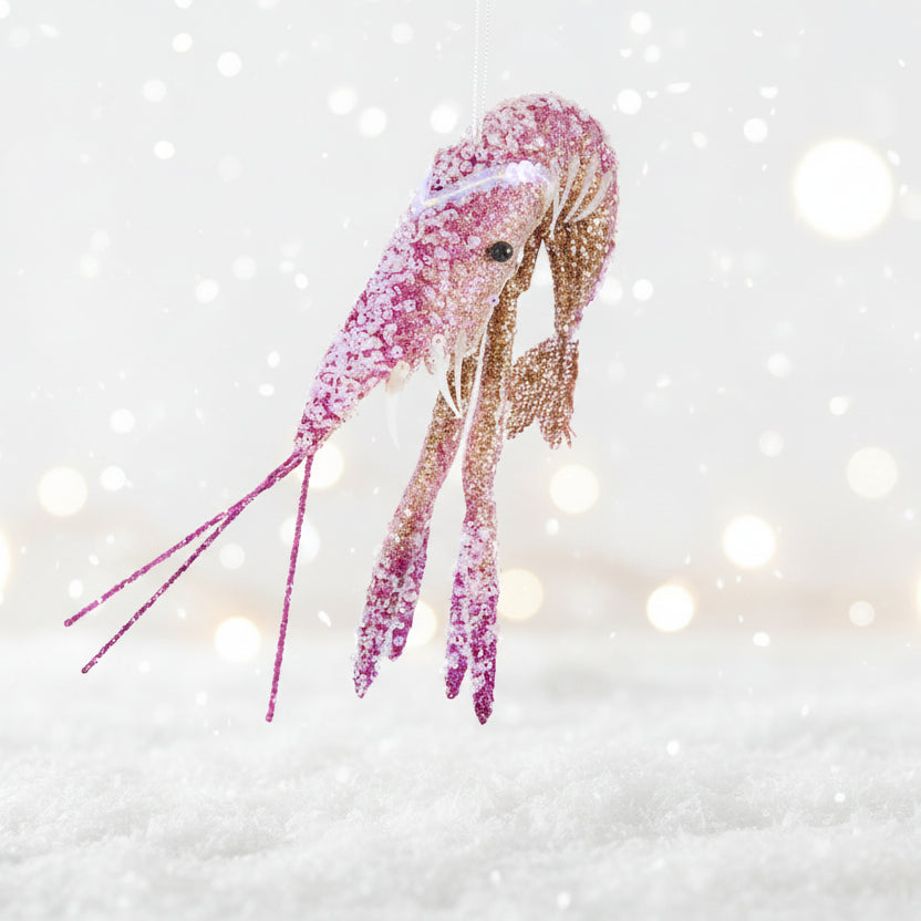 Pink glitter prawn Christmas decoration