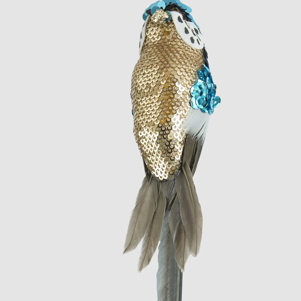 Sequinned blue budgie Christmas decoration from another angle