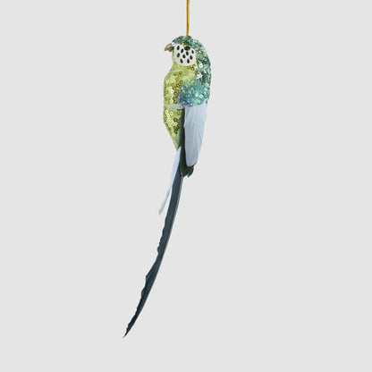 Sequinned green budgie Christmas decoration