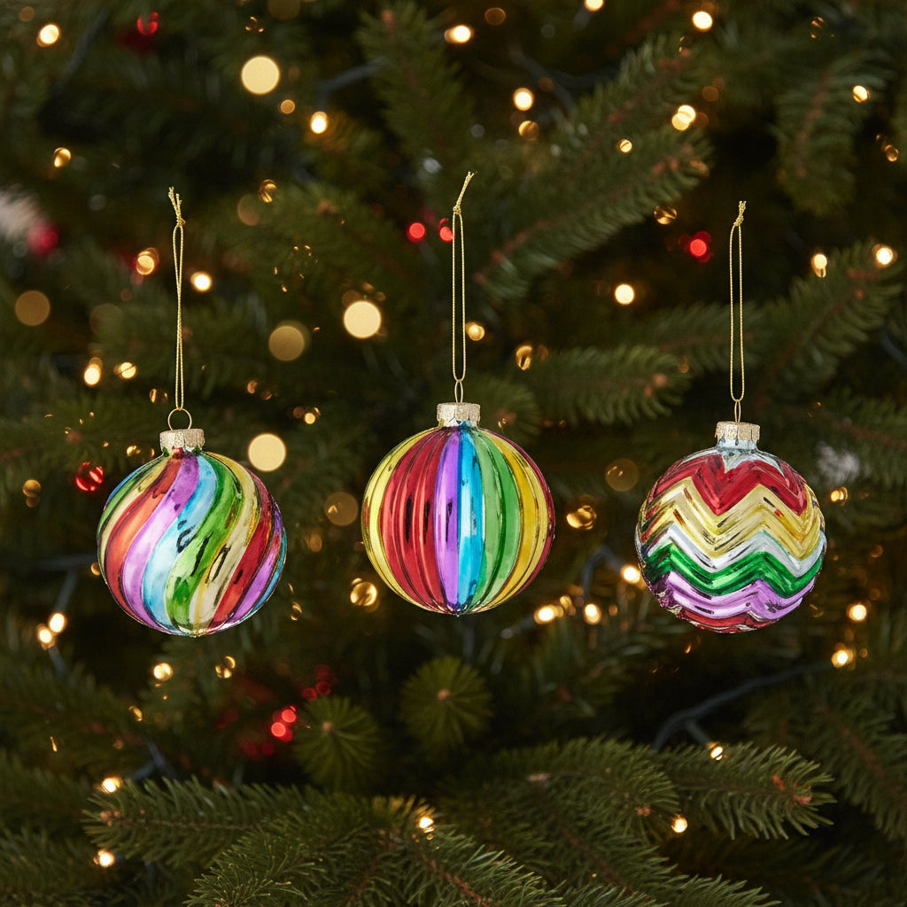 Set of three glass Christmas baubles hanging on a Christmas tree