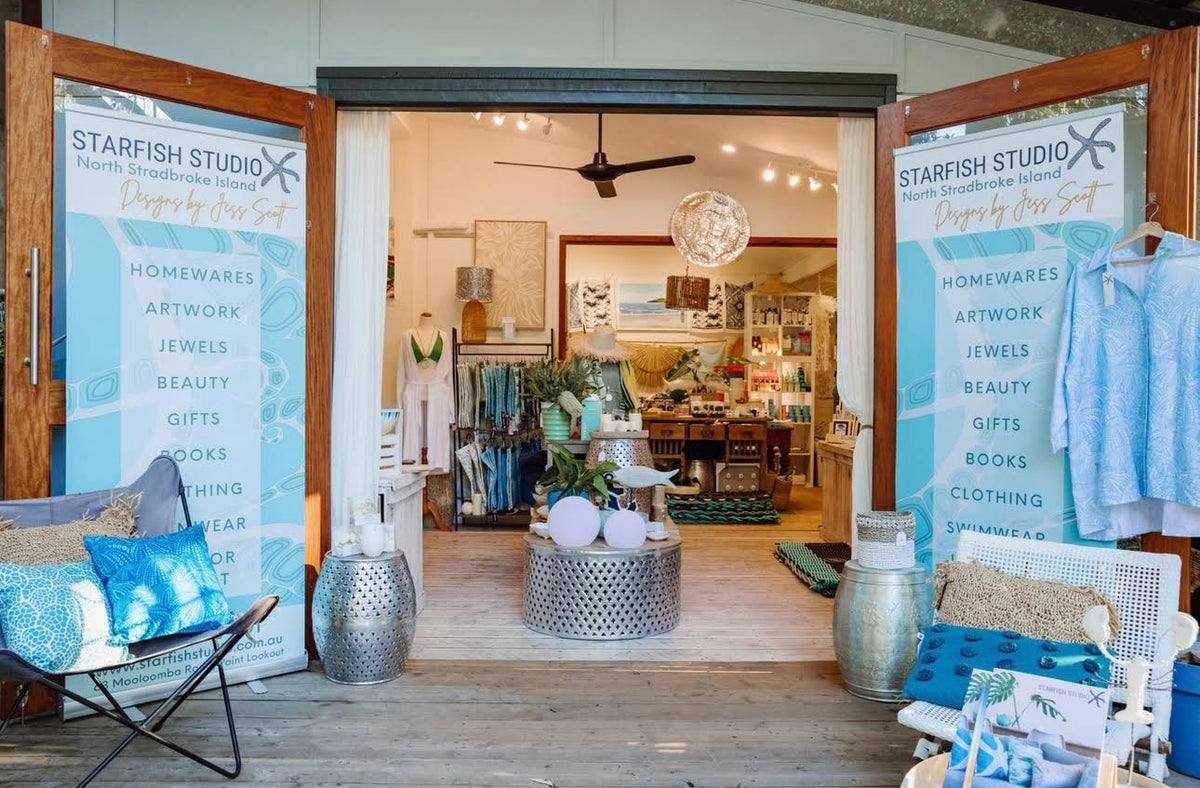 Starfish Studio coastal homewares shopfront on North Stradbroke Island, Queensland, with handcrafted lamps, cushions and gifts on display