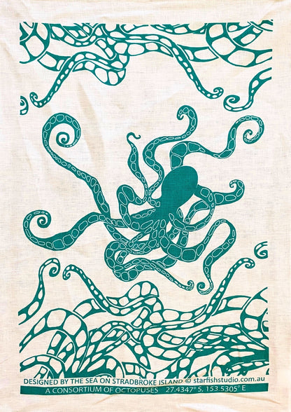 Pure Linen Tea Towel, Octopus, teal