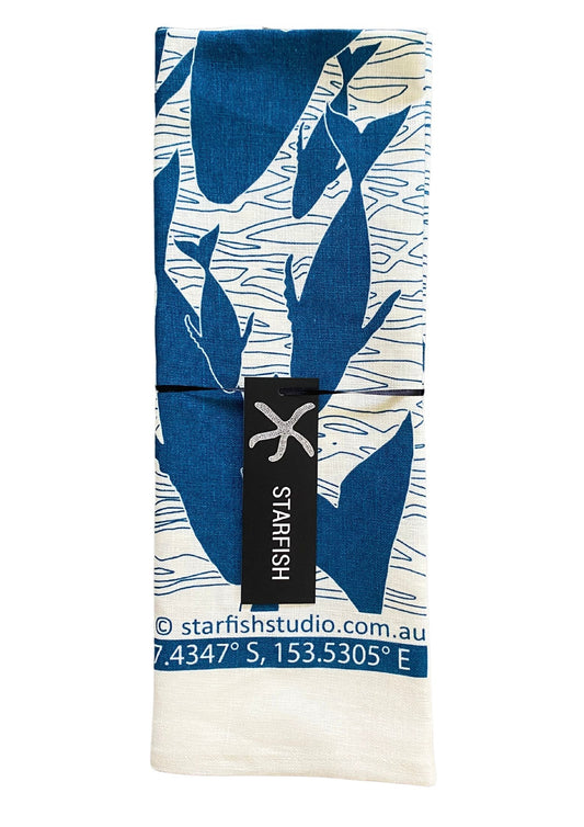Pure Linen Tea Towel, Humpbacks, blue